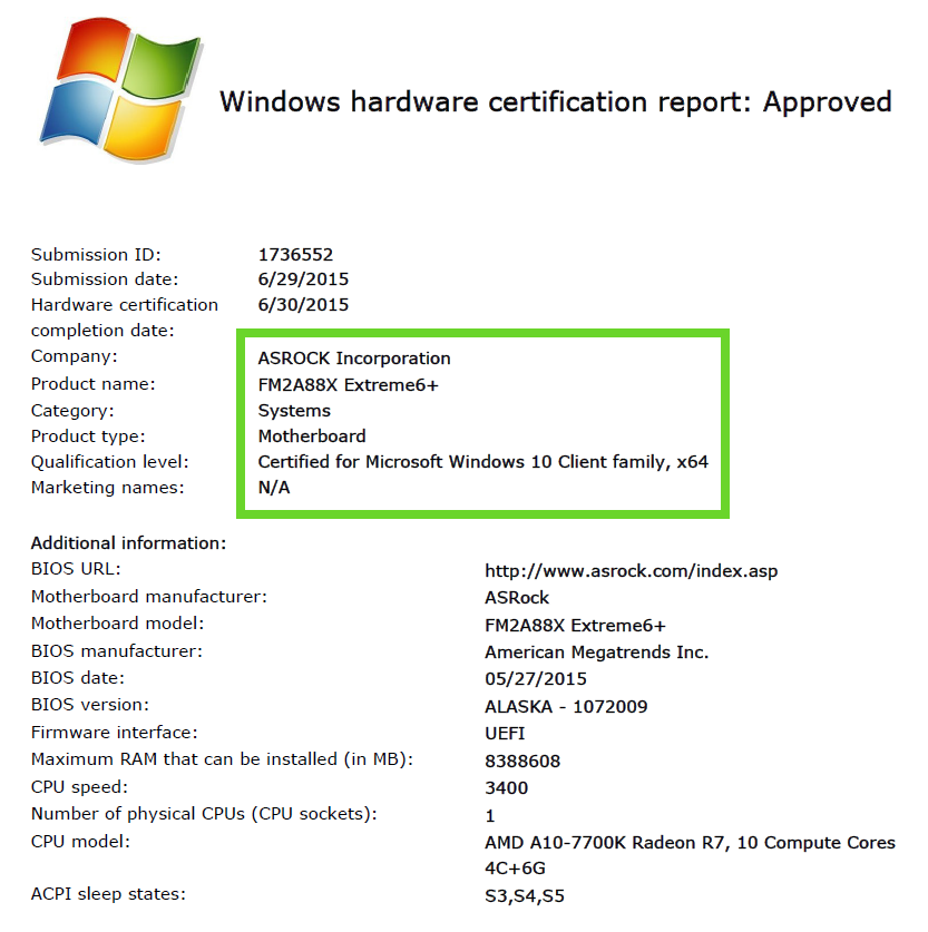 FM2A88X Extreme6+ Windows 10 Approved