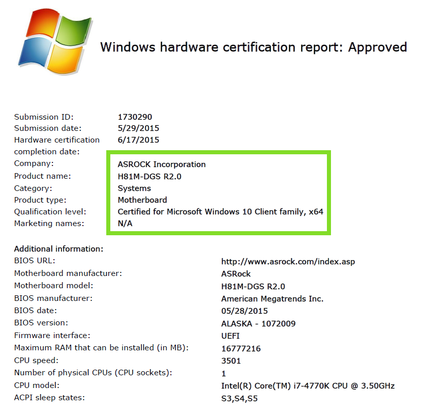 H81M DGS R20 Windows 10 Approved