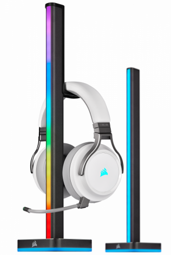 iCUE LT100 Smart Lighting Towers on headset stand