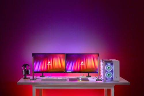 iCUE LT100 Smart Lighting Towers on Red Desk