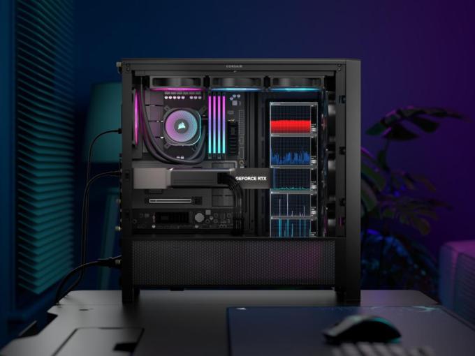 CORSAIR XENEON EDGE 14.5" LCD Touchscreen side view of inside pc case