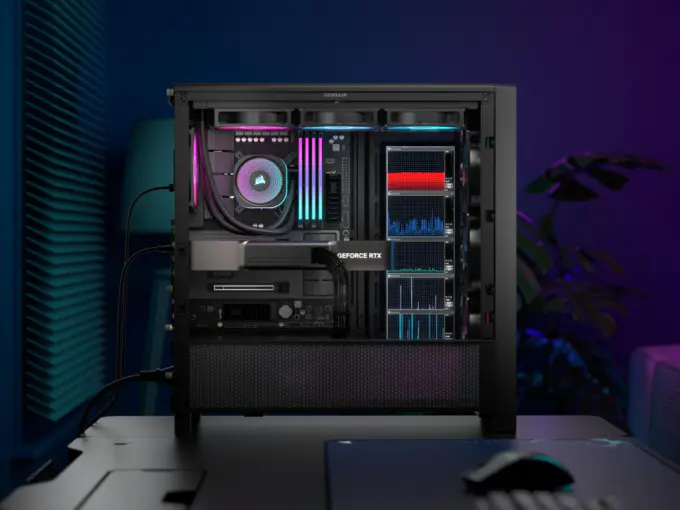 CORSAIR XENEON EDGE 14.5" LCD Touchscreen side view of inside pc case